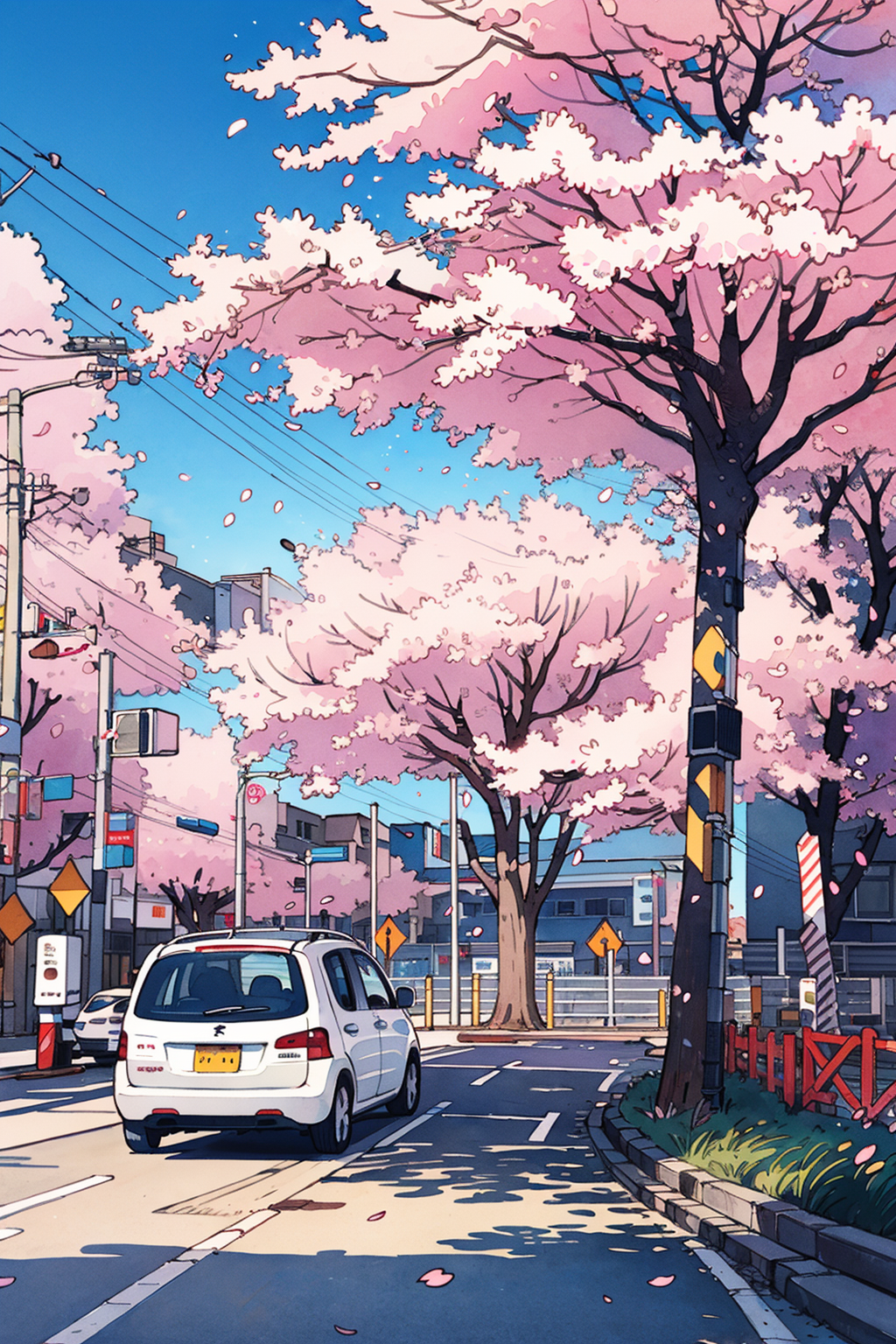 03853-2883983679-cherry blossoms, no humans, tree, outdoors, Streets,fence, day, painting (medium), scenery, vehicle focus ，Streets, streetlights.png